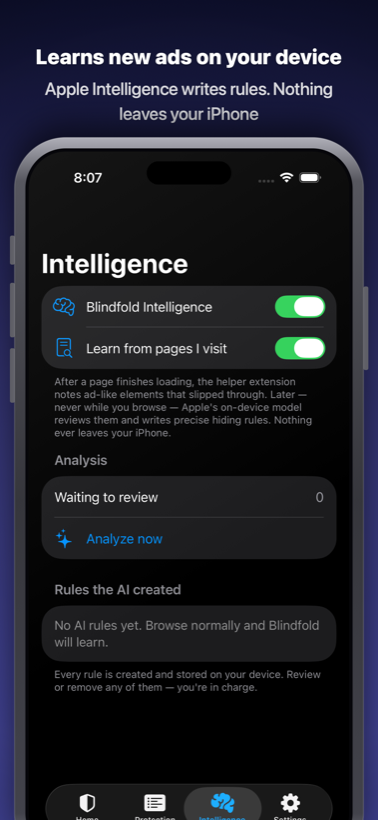 Blindfold's Intelligence tab explaining that Apple's on-device model reviews ad-like elements after a page finishes loading and writes hiding rules, with everything staying on the iPhone.
