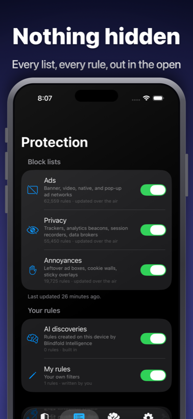 Blindfold's Protection tab listing the Ads, Privacy, and Annoyances block lists with their rule counts and on/off switches, plus sections for AI discoveries and your own custom rules.