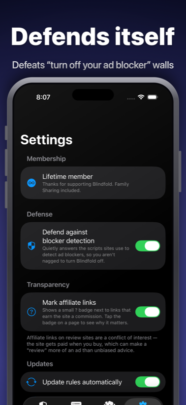 Blindfold's Settings tab showing a lifetime membership with Family Sharing, a defend-against-blocker-detection switch, affiliate-link marking, and automatic rule updates.