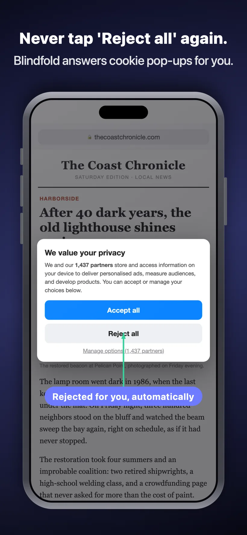 A cookie consent pop-up on a news site with Blindfold automatically tapping ‘Reject all’ for the user, labeled ‘Rejected for you, automatically.’