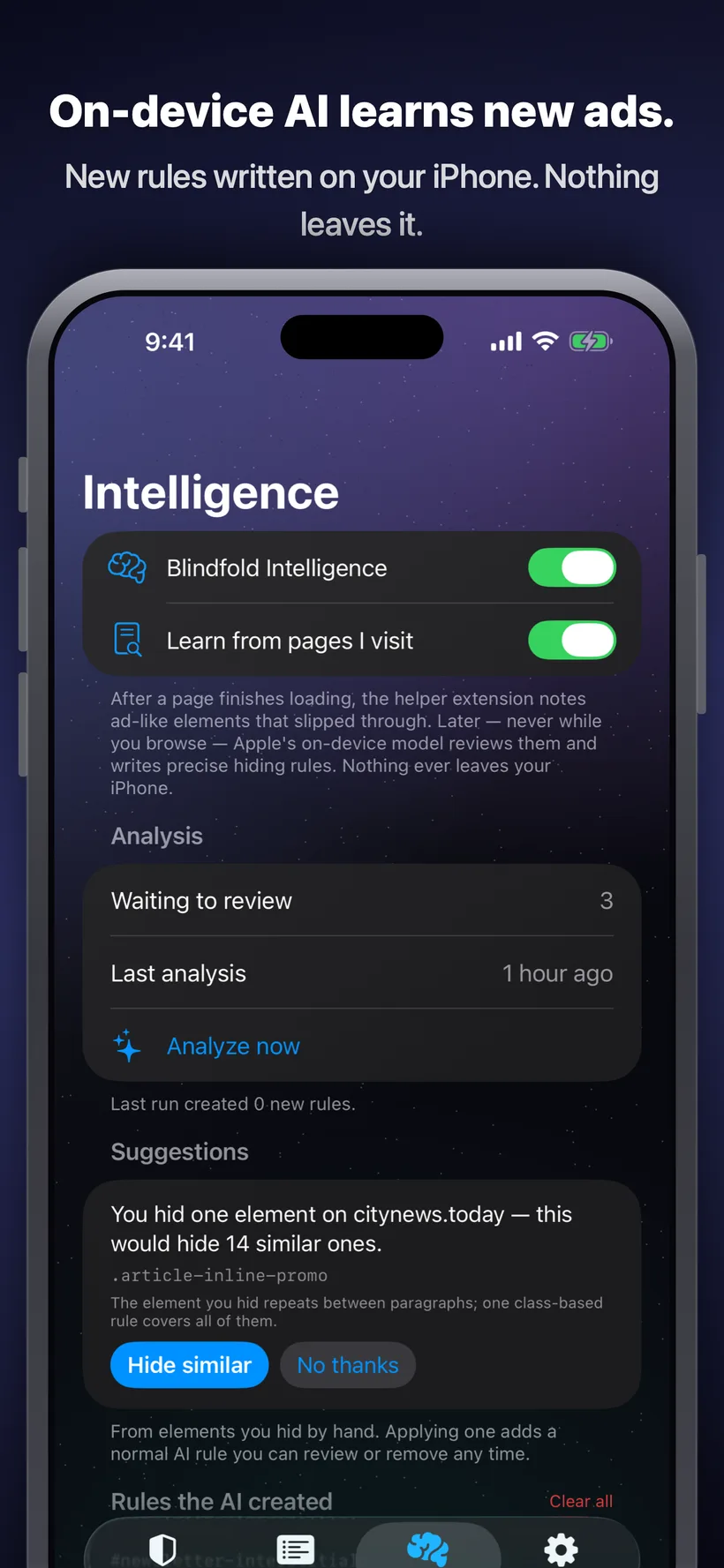 Blindfold's Intelligence tab showing on-device AI analysis of pages visited, with a suggested rule to hide a repeated ad element and buttons to accept or dismiss it.