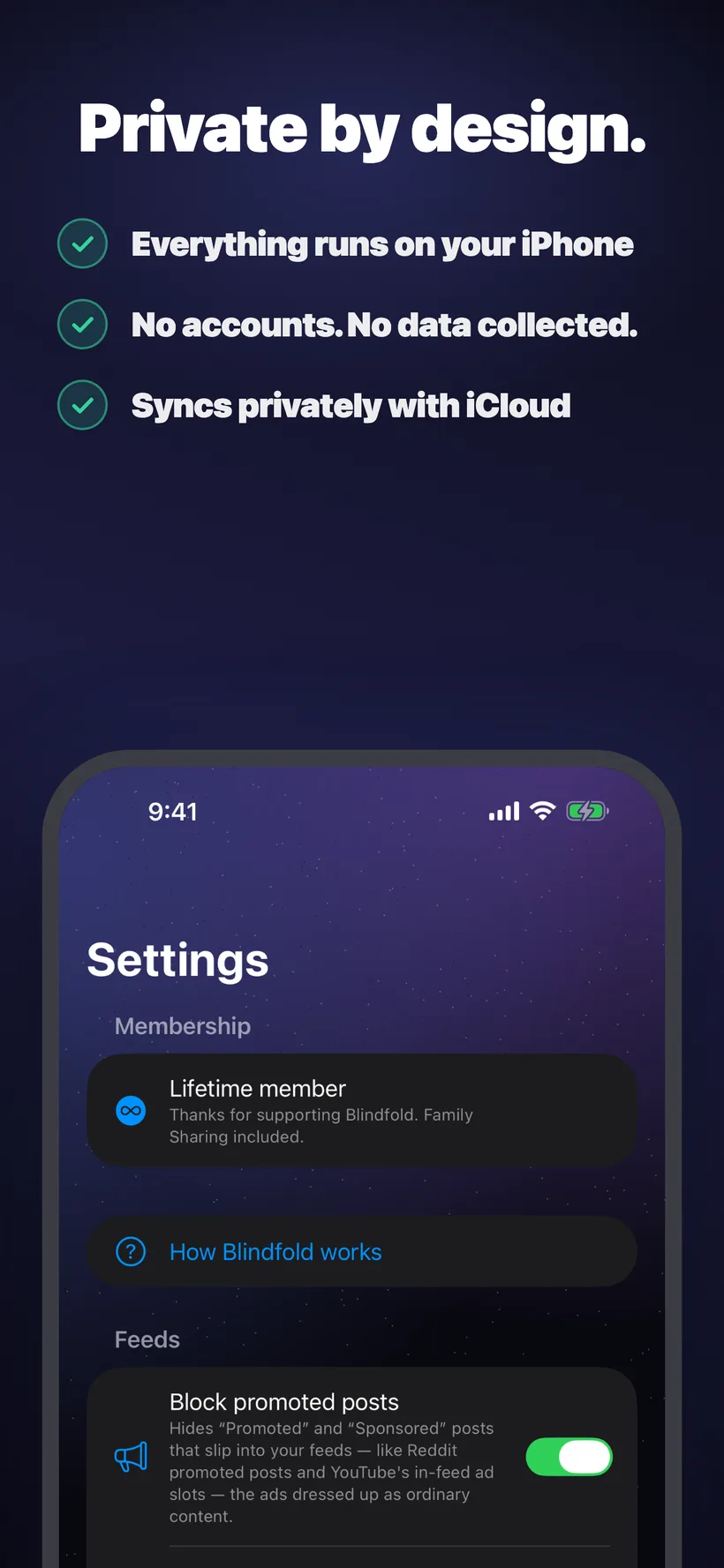 Blindfold's Settings tab showing a lifetime membership with Family Sharing, and a Feeds section with a ‘Block promoted posts’ toggle that hides sponsored posts in apps like Reddit and YouTube.